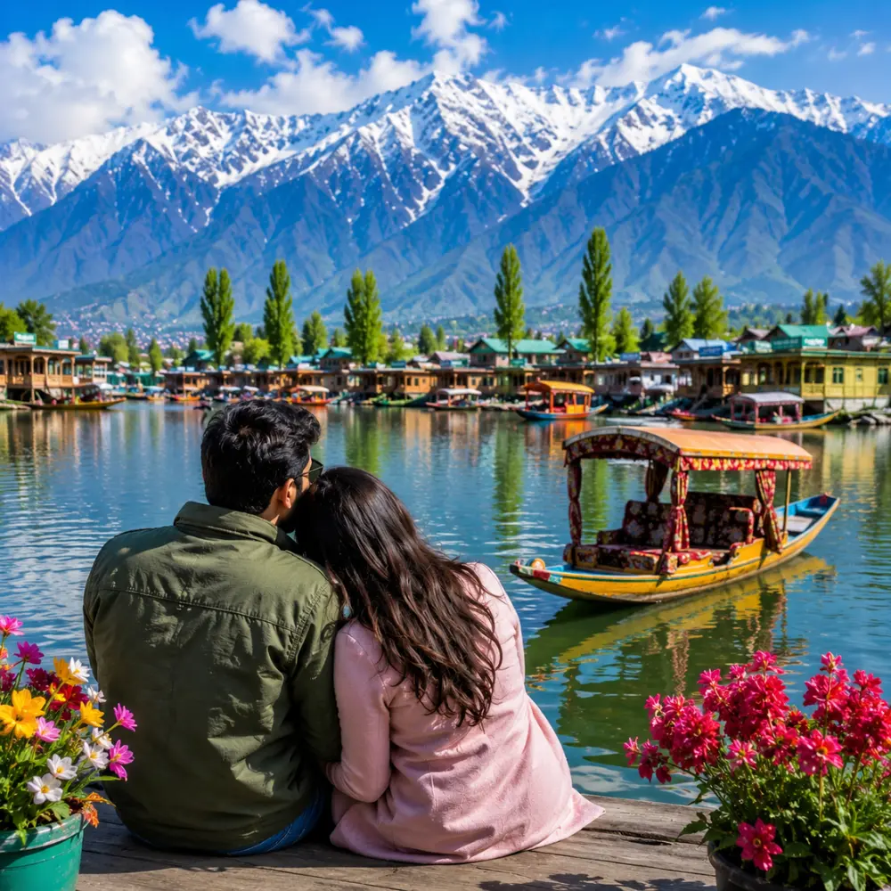 Couple enjoying Kashmir with Dal Lake, shikara boat, green valleys and snow-capped Himalayan mountains in morning light.