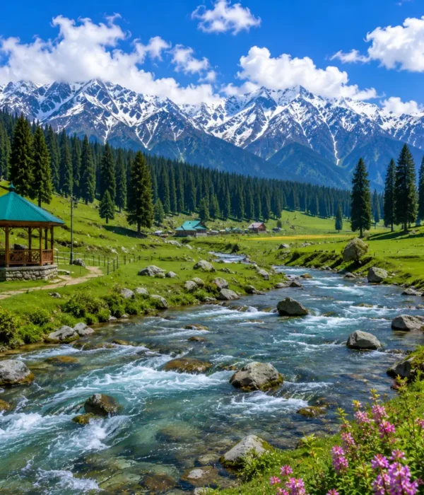 Doodhpathri Kashmir with green meadows, pine forests, flowing stream and snow-capped mountains in clear morning light.