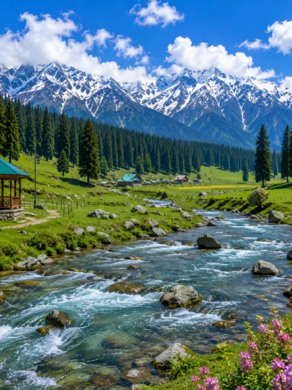 Doodhpathri Kashmir with green meadows, pine forests, flowing stream and snow-capped mountains in clear morning light.