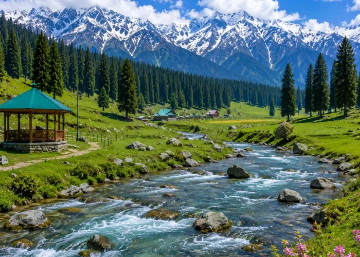 Doodhpathri Kashmir with green meadows, pine forests, flowing stream and snow-capped mountains in clear morning light.
