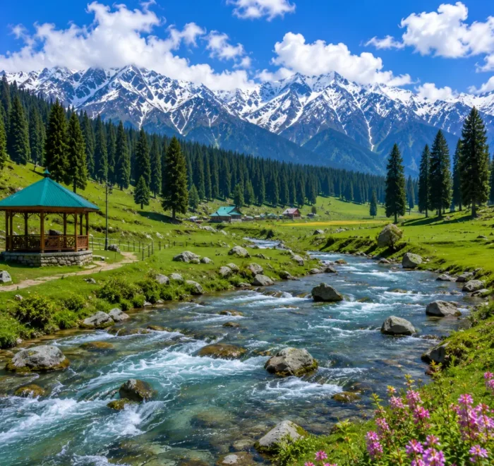 Doodhpathri Kashmir with green meadows, pine forests, flowing stream and snow-capped mountains in clear morning light.