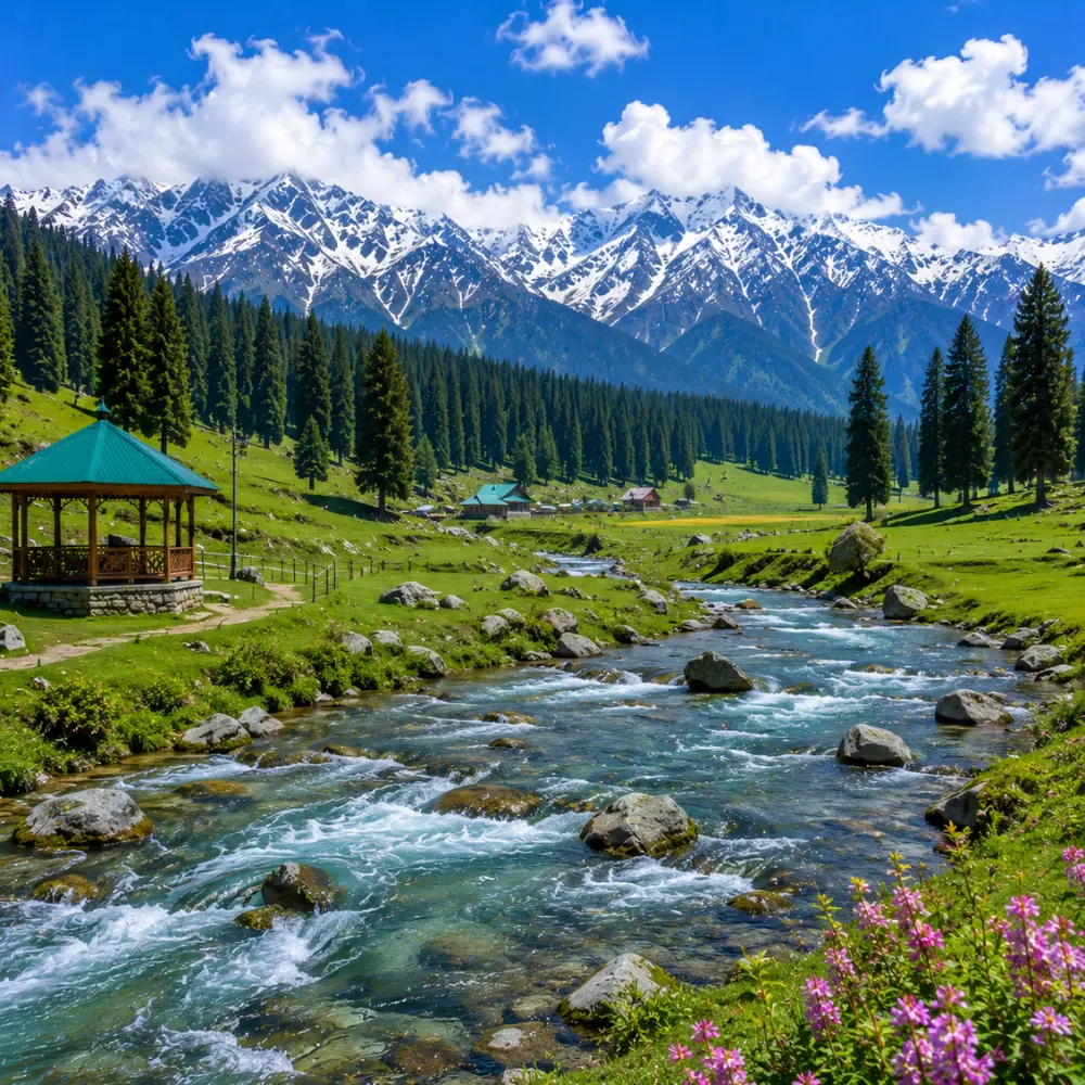 Doodhpathri Kashmir with green meadows, pine forests, flowing stream and snow-capped mountains in clear morning light.
