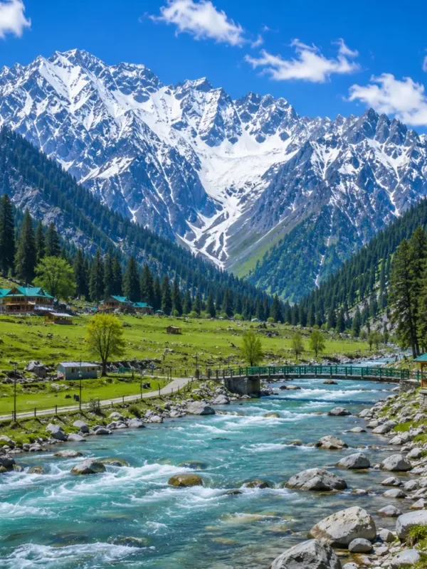 Sonmarg Kashmir with golden meadows, snow-capped Himalayan peaks, pine forests and clear morning mountain light.