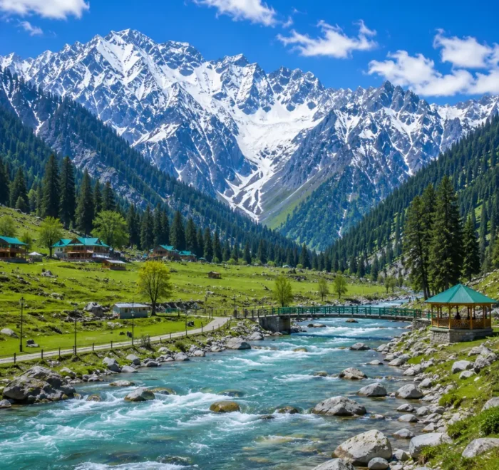 Sonmarg Kashmir with golden meadows, snow-capped Himalayan peaks, pine forests and clear morning mountain light.