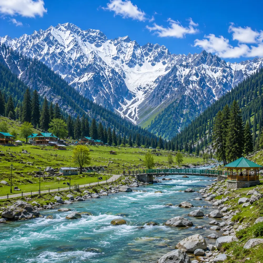 Sonmarg Kashmir with golden meadows, snow-capped Himalayan peaks, pine forests and clear morning mountain light.