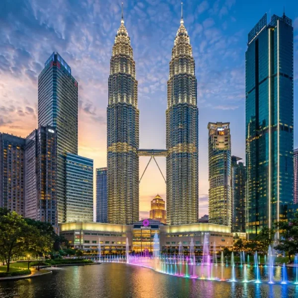 Kuala Lumpur skyline with Petronas Twin Towers, modern city buildings and clear blue daytime sky