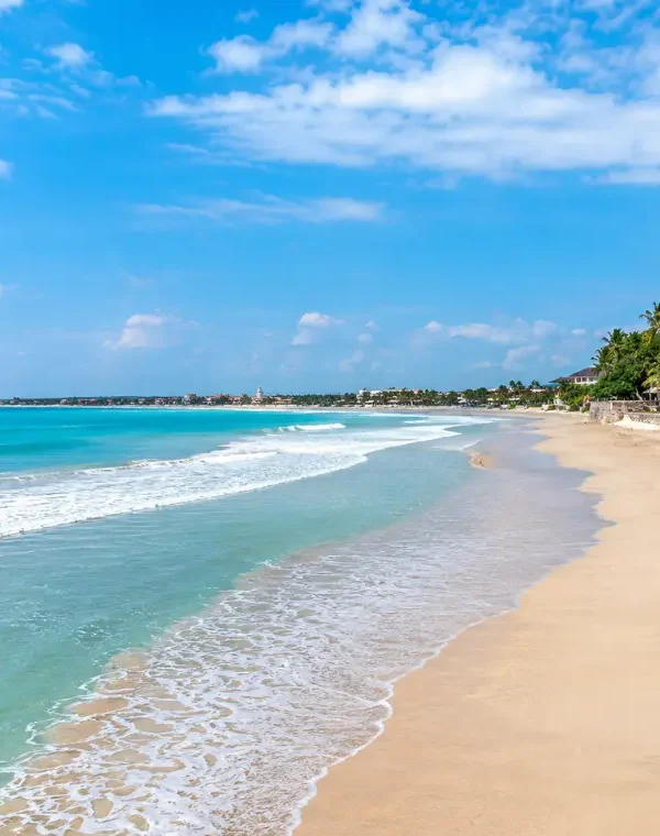 Kuta Beach in Bali with turquoise waves, golden sand, palm trees, and clear blue daytime sky.