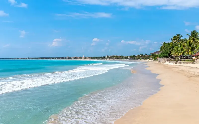 Kuta Beach in Bali with turquoise waves, golden sand, palm trees, and clear blue daytime sky.