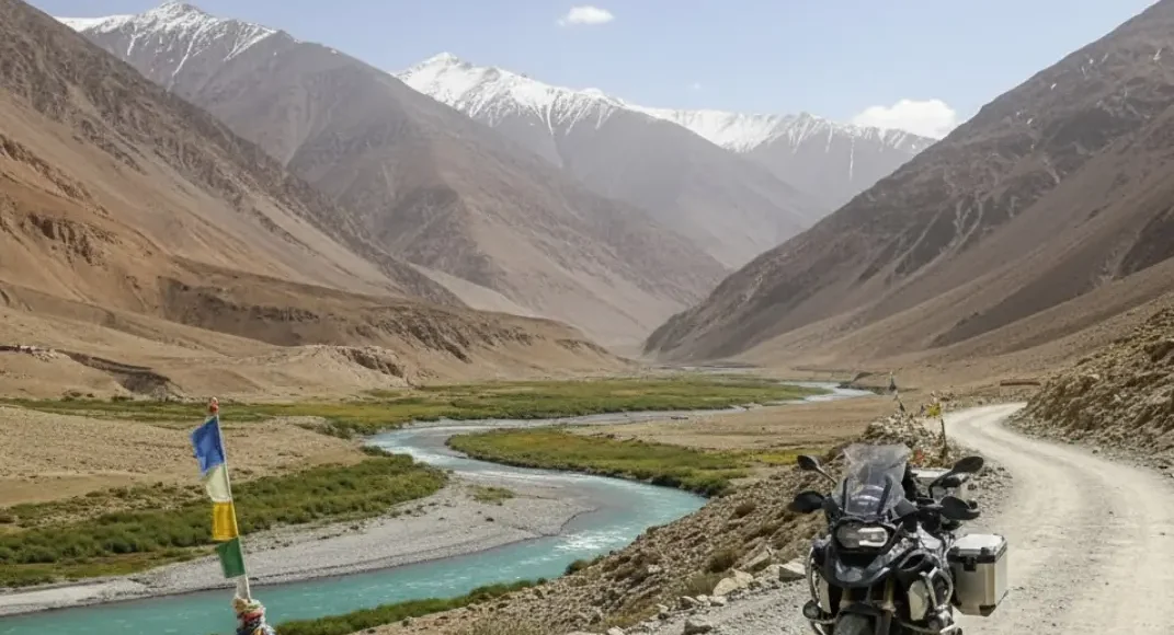 Image of a motorcycle on a Ladakh bike tour, with a beautiful valley