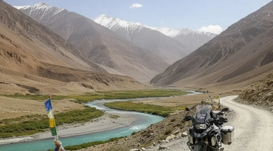 Image of a motorcycle on a Ladakh bike tour, with a beautiful valley