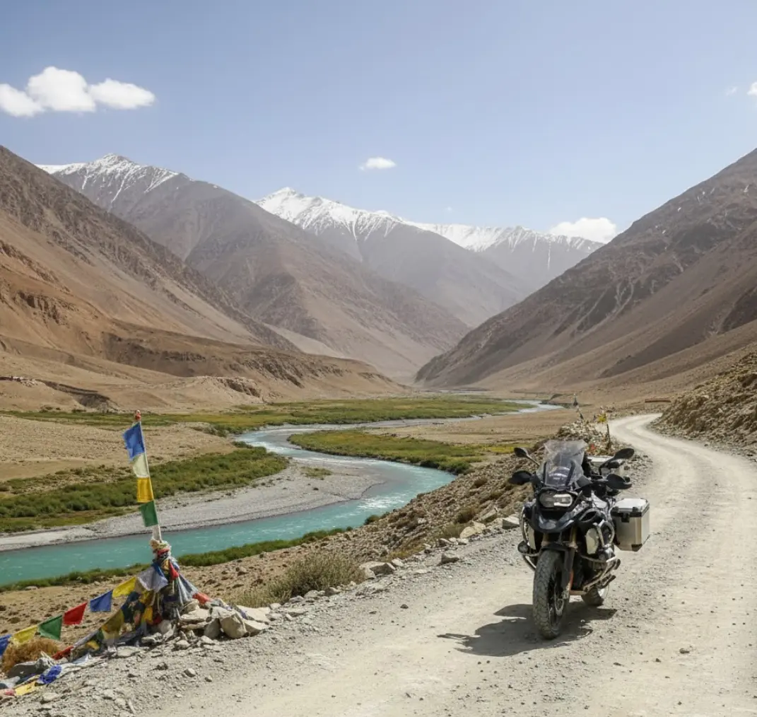 Image of a motorcycle on a Ladakh bike tour, with a beautiful valley