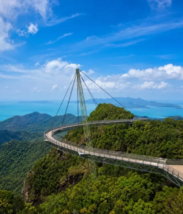 Langkawi Sky Bridge above lush rainforest with turquoise sea and island views in bright daylight