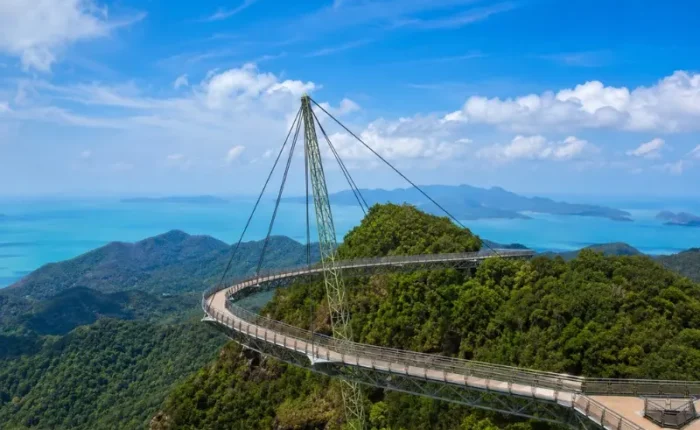 Langkawi Sky Bridge above lush rainforest with turquoise sea and island views in bright daylight