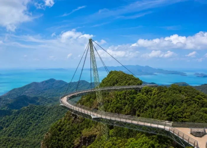 Langkawi Sky Bridge above lush rainforest with turquoise sea and island views in bright daylight
