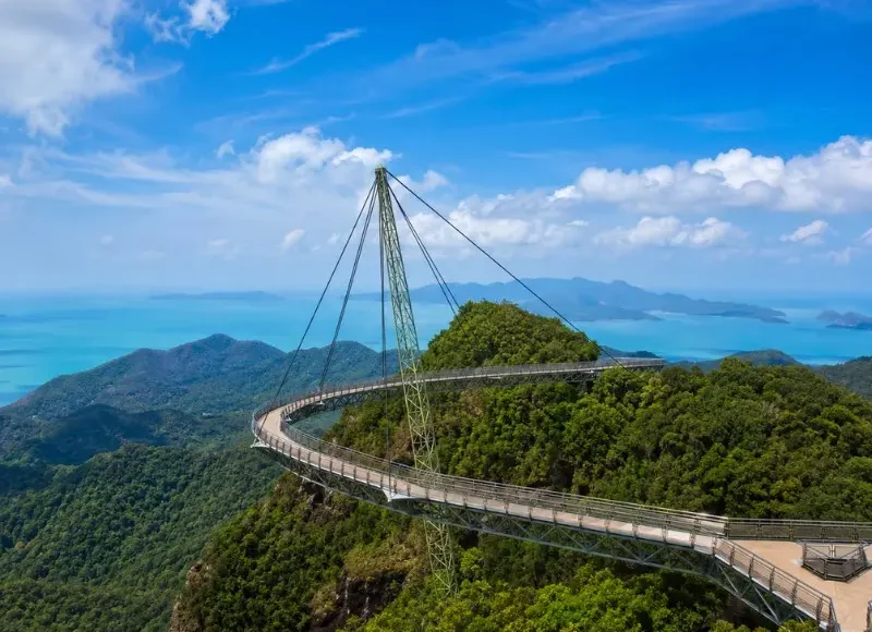 Langkawi Sky Bridge above lush rainforest with turquoise sea and island views in bright daylight