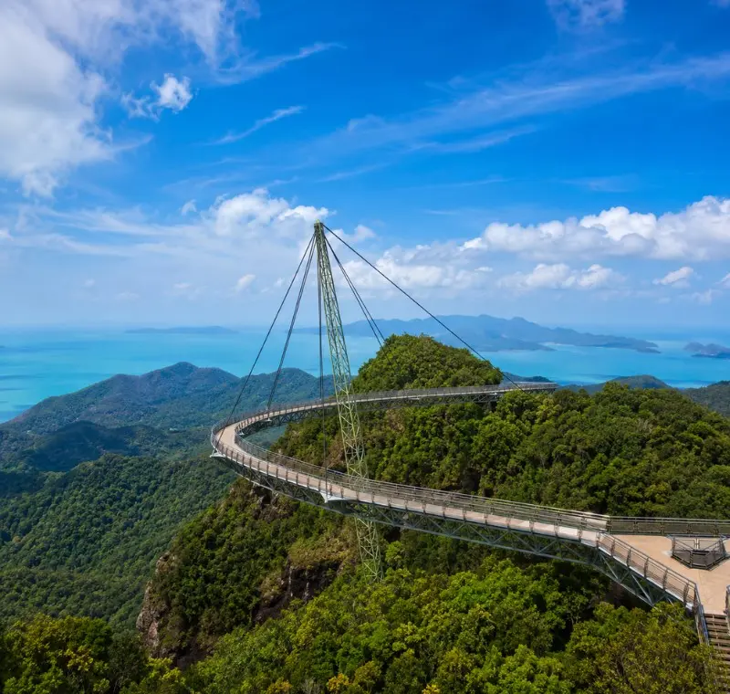 Langkawi Sky Bridge above lush rainforest with turquoise sea and island views in bright daylight