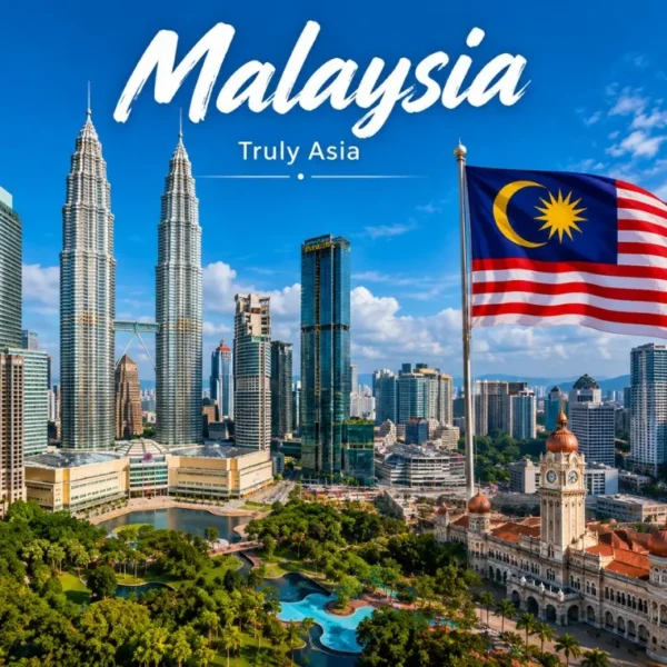 Malaysia travel view with iconic city skyline, modern landmarks and tropical scenery in bright daylight