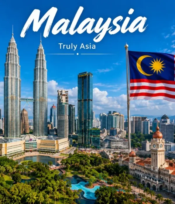 Malaysia travel view with iconic city skyline, modern landmarks and tropical scenery in bright daylight