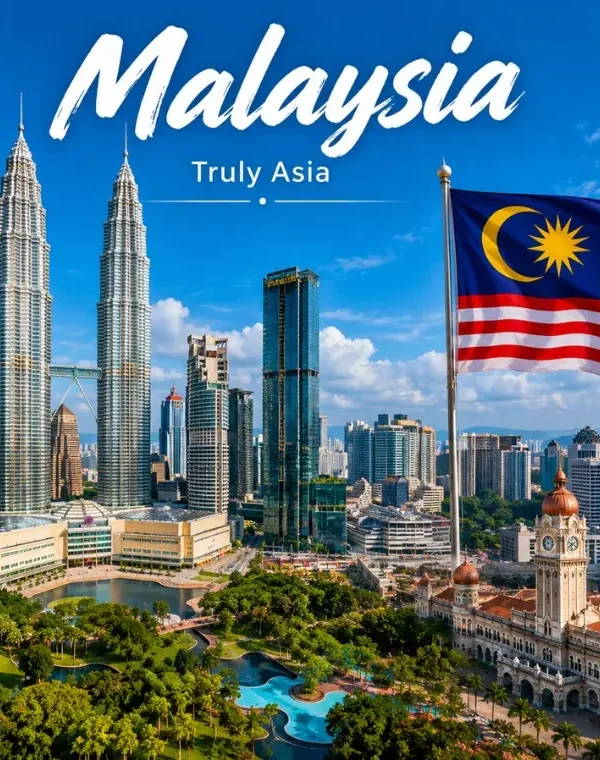 Malaysia travel view with iconic city skyline, modern landmarks and tropical scenery in bright daylight