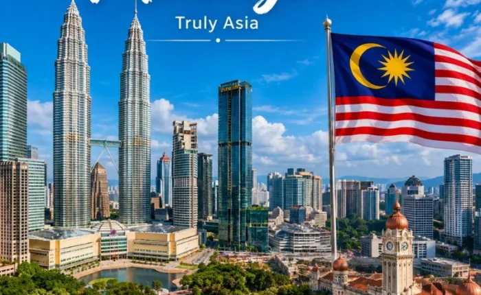 Malaysia travel view with iconic city skyline, modern landmarks and tropical scenery in bright daylight