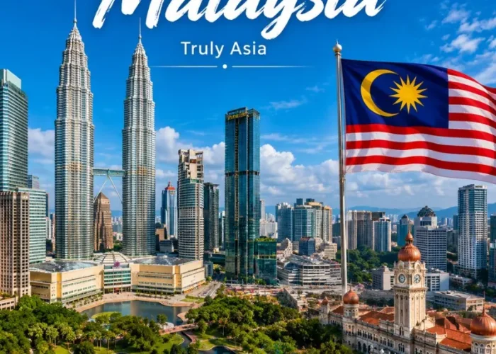 Malaysia travel view with iconic city skyline, modern landmarks and tropical scenery in bright daylight