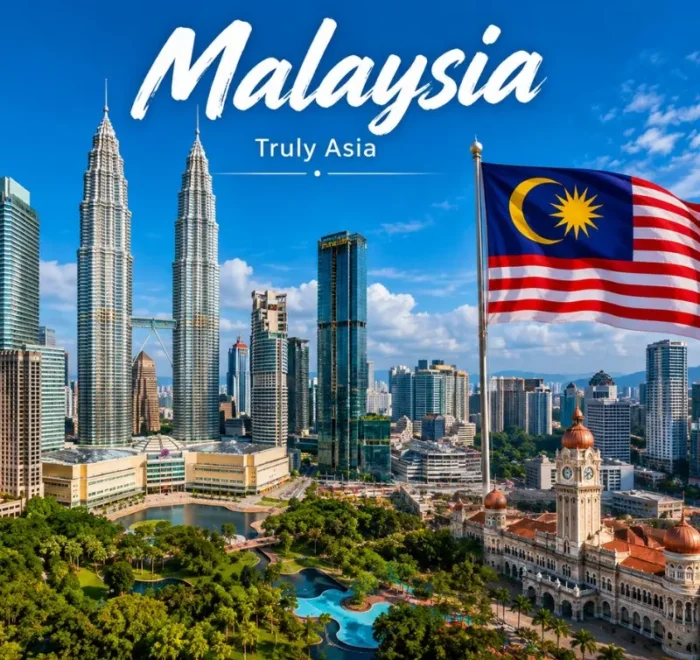 Malaysia travel view with iconic city skyline, modern landmarks and tropical scenery in bright daylight