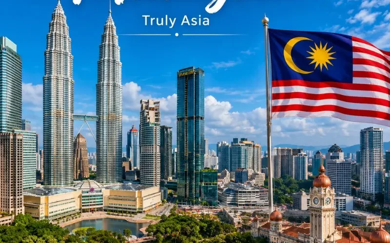 Malaysia travel view with iconic city skyline, modern landmarks and tropical scenery in bright daylight