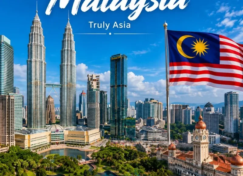 Malaysia travel view with iconic city skyline, modern landmarks and tropical scenery in bright daylight
