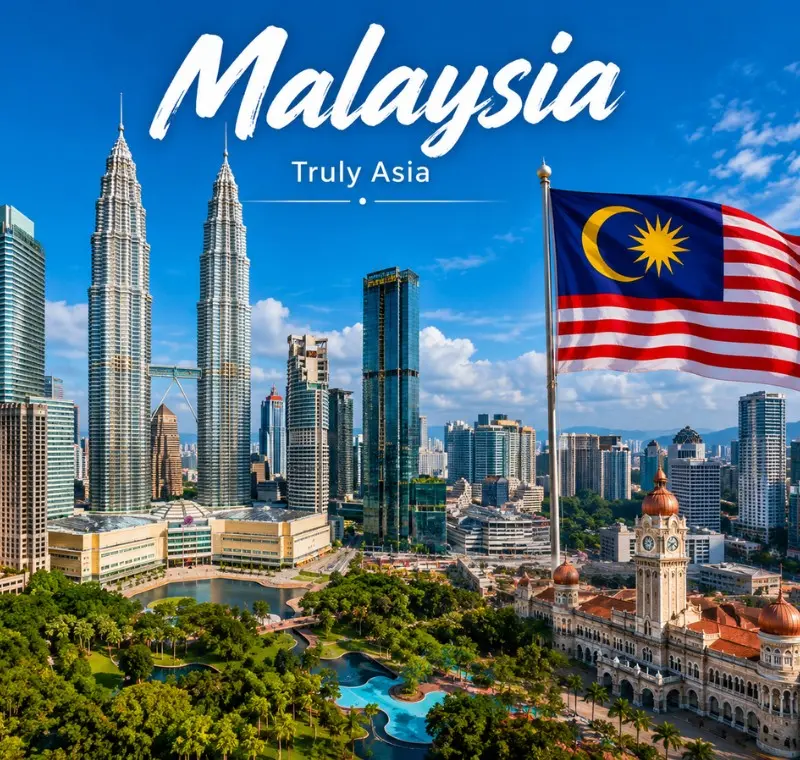 Malaysia travel view with iconic city skyline, modern landmarks and tropical scenery in bright daylight