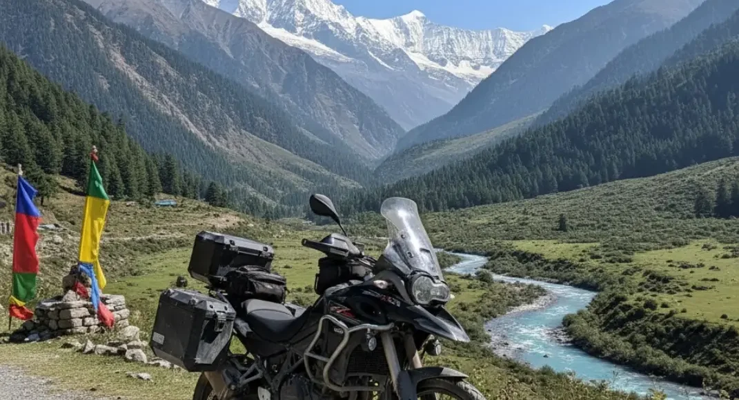 Manali bike tour, with a motorcycle standing in a beautiful Manali valley