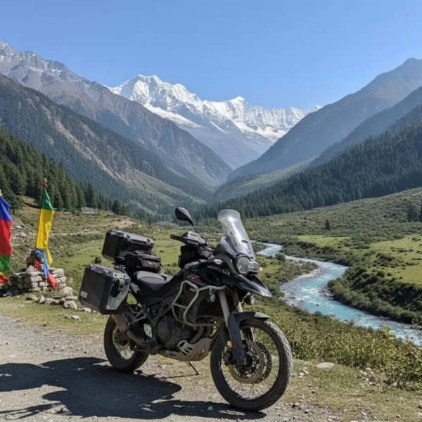 Manali bike tour, with a motorcycle standing in a beautiful Manali valley