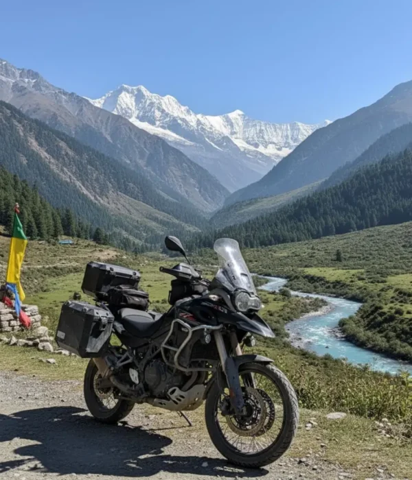 Manali bike tour, with a motorcycle standing in a beautiful Manali valley