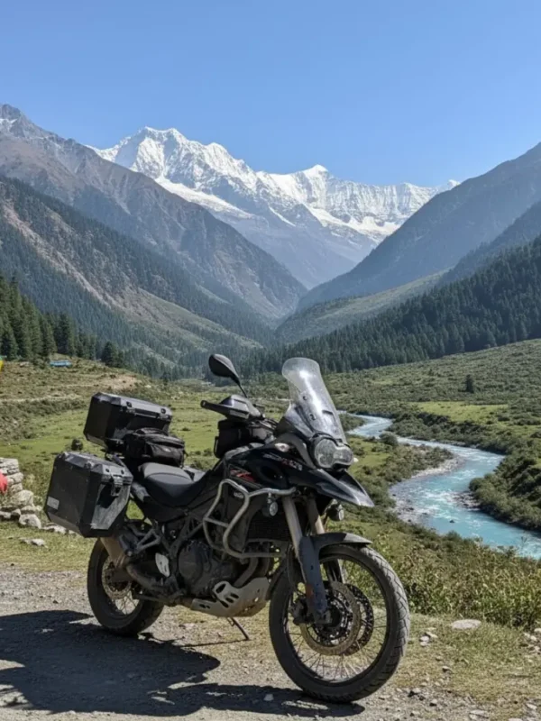 Manali bike tour, with a motorcycle standing in a beautiful Manali valley