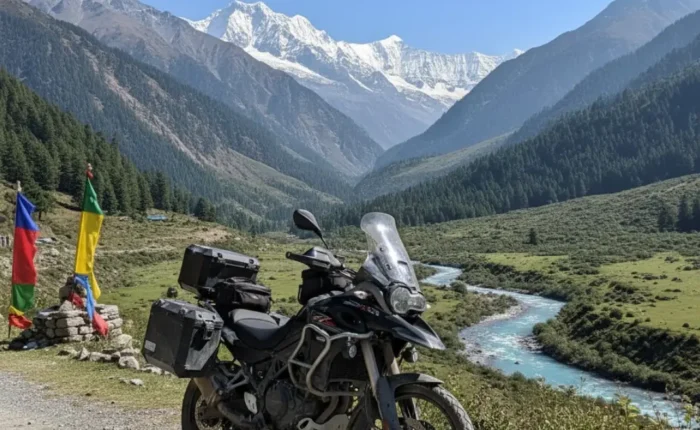 Manali bike tour, with a motorcycle standing in a beautiful Manali valley