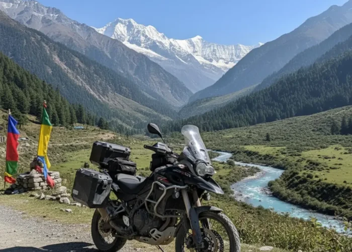 Manali bike tour, with a motorcycle standing in a beautiful Manali valley
