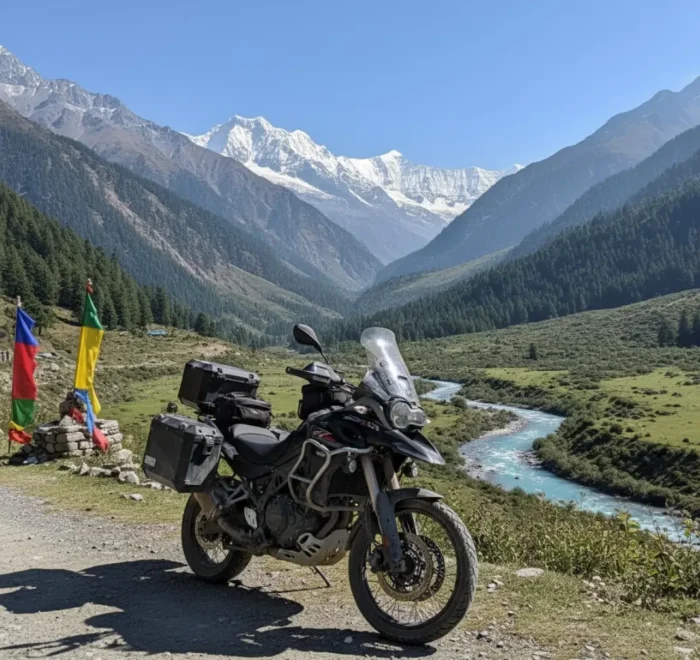 Manali bike tour, with a motorcycle standing in a beautiful Manali valley