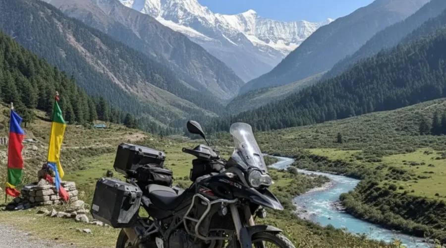 Manali bike tour, with a motorcycle standing in a beautiful Manali valley