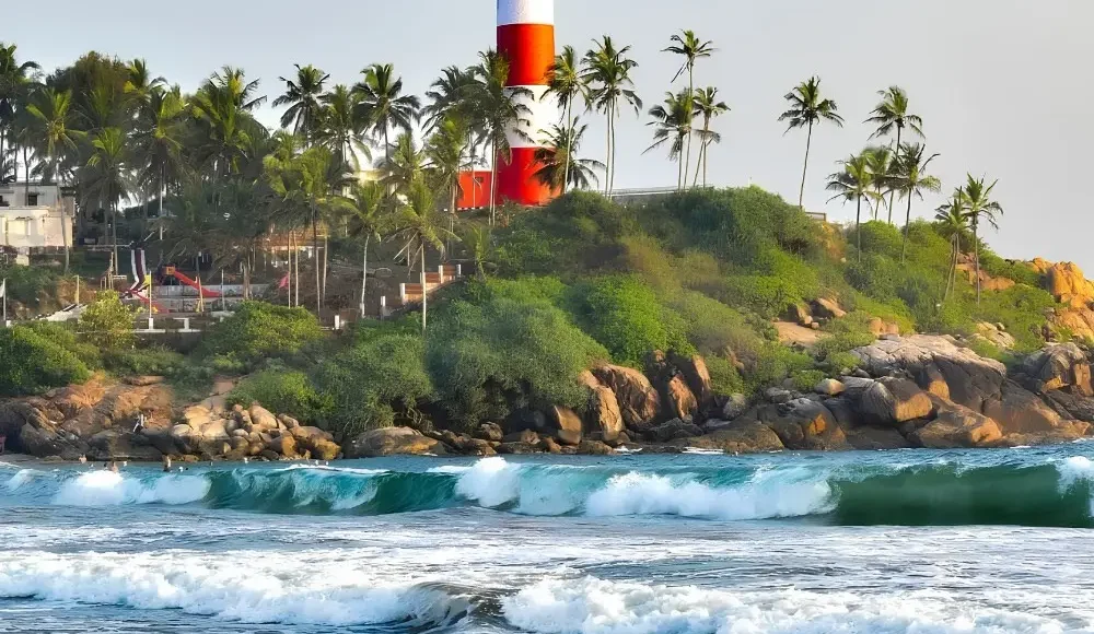 Munnar Thekkady Alleppey Kovalam package featuring Kovalam Lighthouse, palm-lined beach, sea waves and Kerala coastal beauty