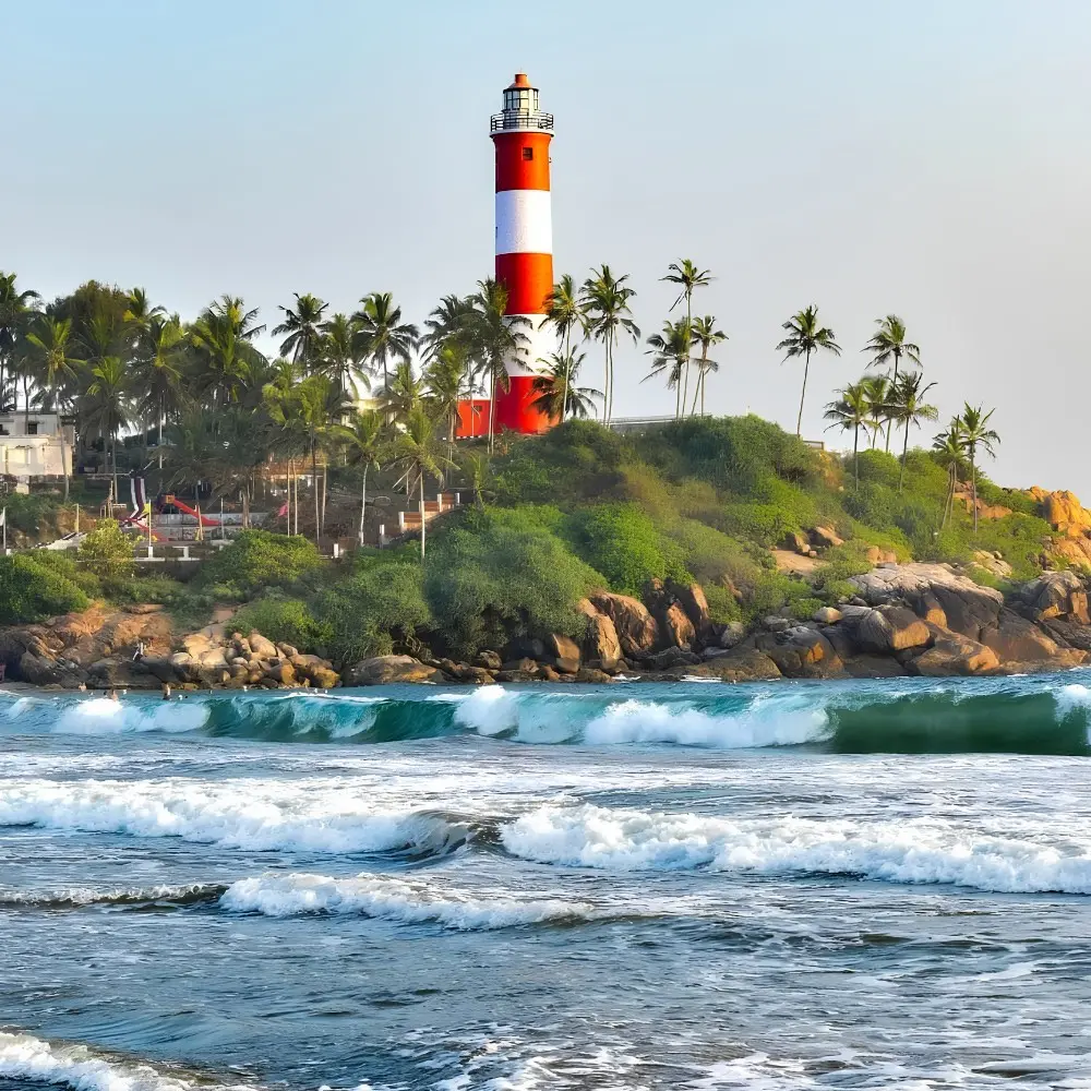 Munnar Thekkady Alleppey Kovalam package featuring Kovalam Lighthouse, palm-lined beach, sea waves and Kerala coastal beauty
