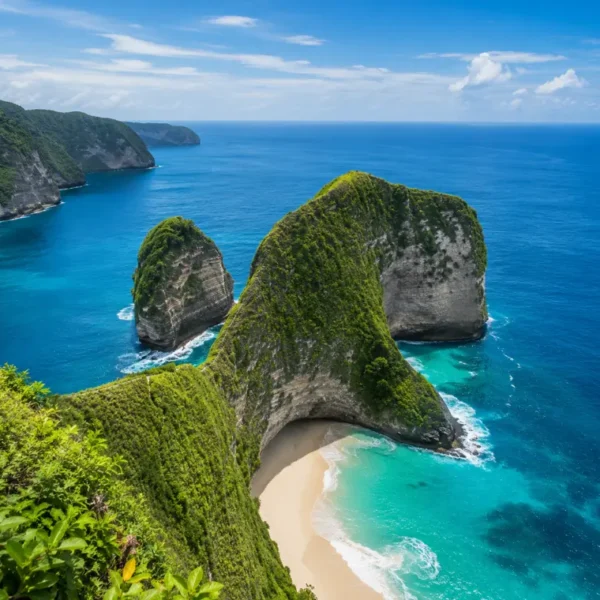 Nusa Penida, Bali with dramatic green cliffs, turquoise sea, white sandy beach, and clear blue sky in bright daylight.