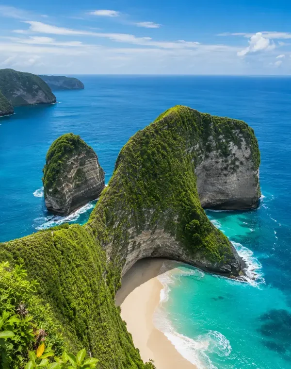 Nusa Penida, Bali with dramatic green cliffs, turquoise sea, white sandy beach, and clear blue sky in bright daylight.