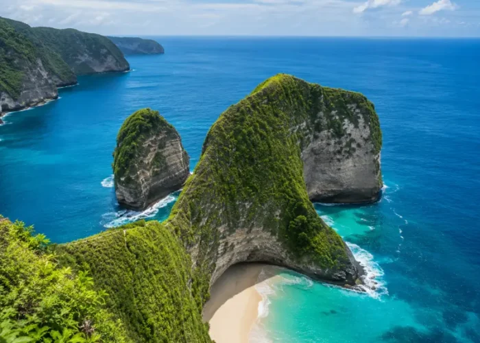 Nusa Penida, Bali with dramatic green cliffs, turquoise sea, white sandy beach, and clear blue sky in bright daylight.
