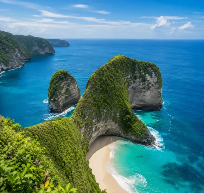 Nusa Penida, Bali with dramatic green cliffs, turquoise sea, white sandy beach, and clear blue sky in bright daylight.