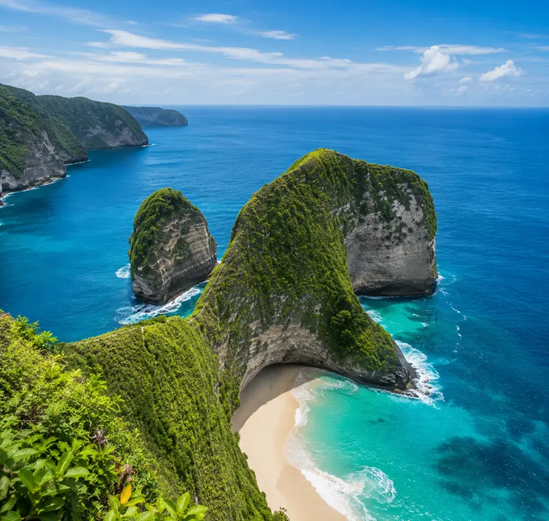 Nusa Penida, Bali with dramatic green cliffs, turquoise sea, white sandy beach, and clear blue sky in bright daylight.