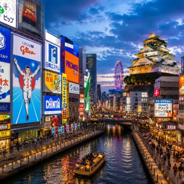 Vibrant Osaka city view with Dotonbori canal, neon streets, river boat, and Osaka Castle in the background.