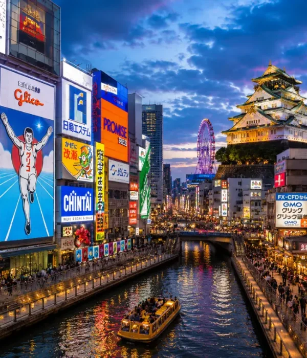 Vibrant Osaka city view with Dotonbori canal, neon streets, river boat, and Osaka Castle in the background.