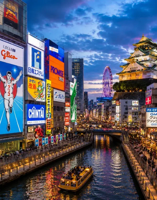 Vibrant Osaka city view with Dotonbori canal, neon streets, river boat, and Osaka Castle in the background.