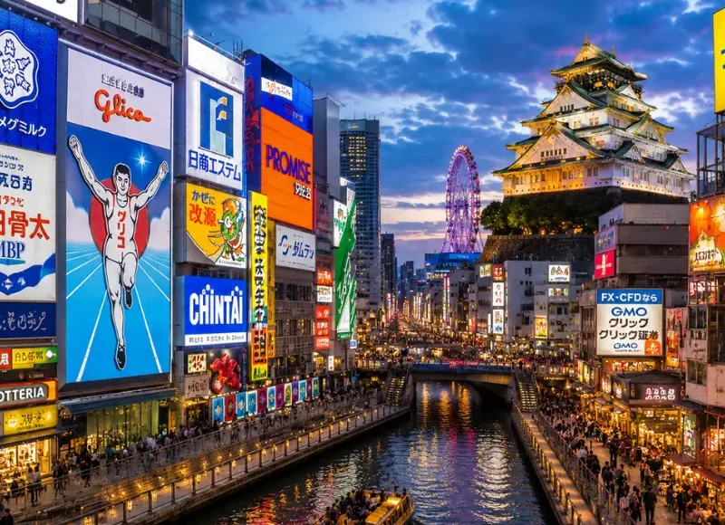 Vibrant Osaka city view with Dotonbori canal, neon streets, river boat, and Osaka Castle in the background.