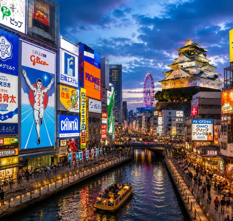 Vibrant Osaka city view with Dotonbori canal, neon streets, river boat, and Osaka Castle in the background.