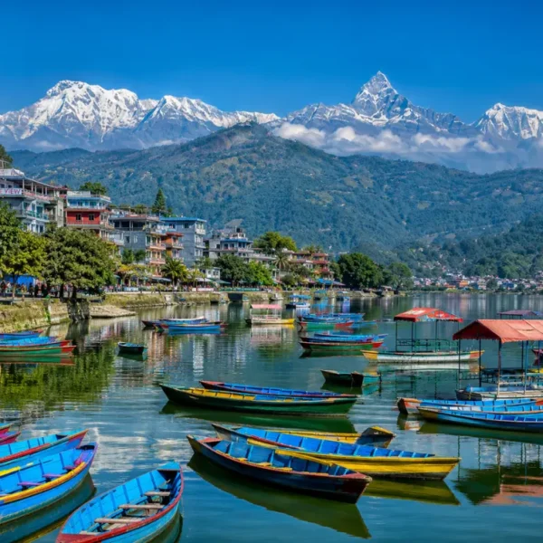 Bright daytime view of Pokhara with Phewa Lake, colorful boats, lakeside town, green hills, and snow-capped mountains.